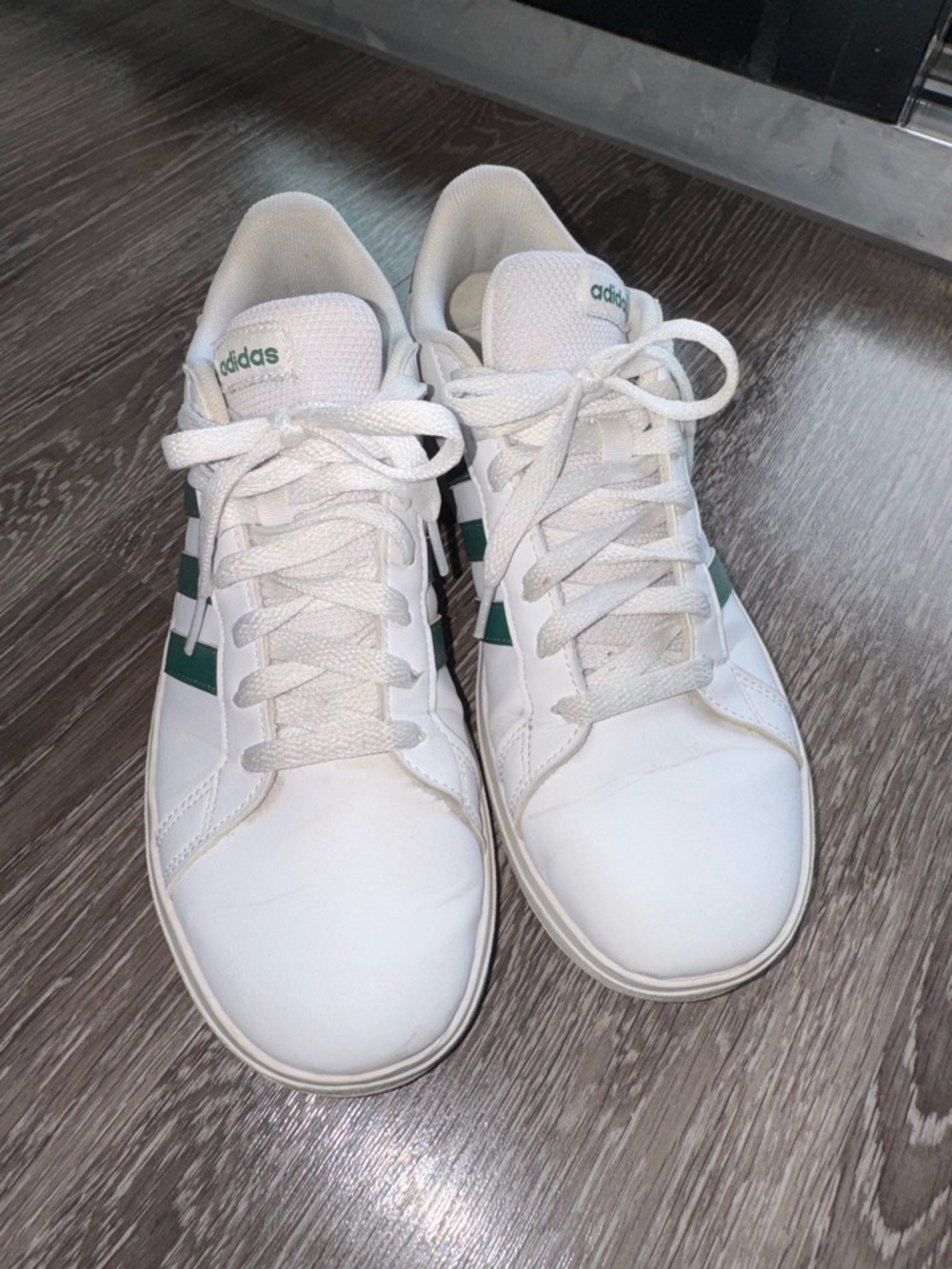 adidas White Sneakers with Dark Green Stripes